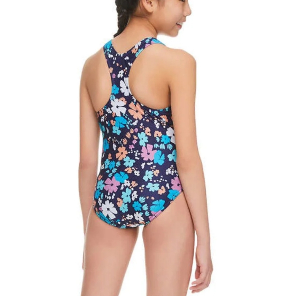 Speedo Navy Floral One Piece Racer Back Full Bottom Swimsuit Size 14. NWT - Picture 2 of 7